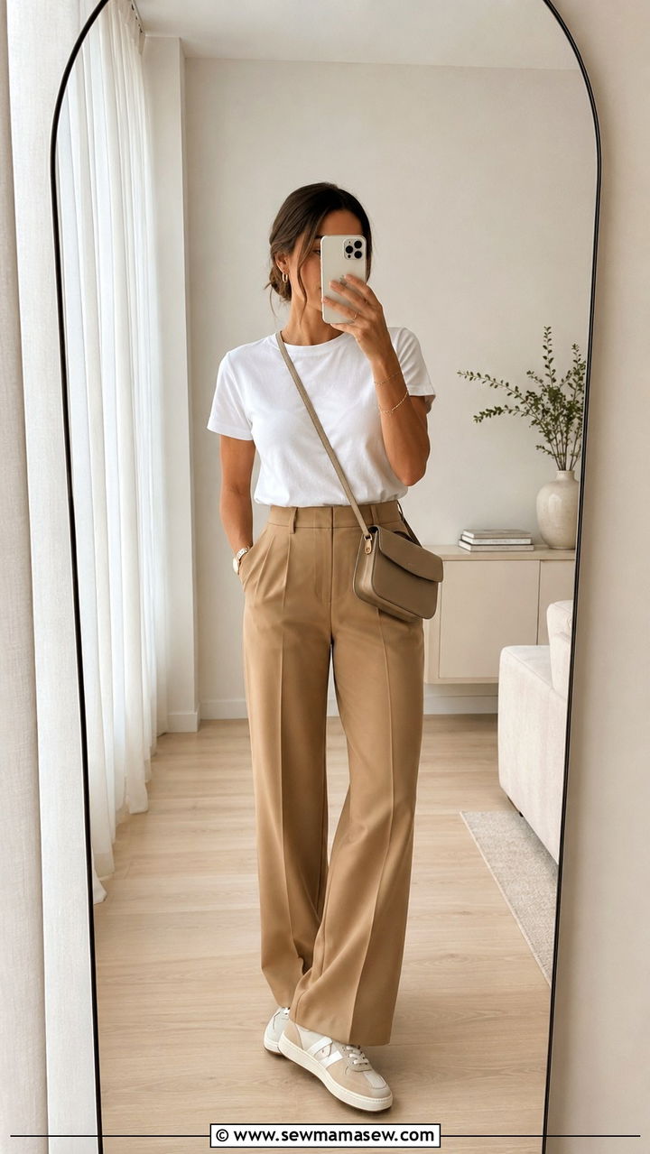 White tee and tailored trousers with low profile sneakers - 20 Low key spring outfit ideas 2026