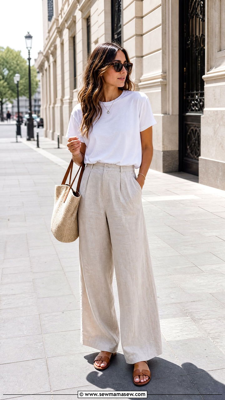 White tee and wide leg linen pants spring packing outfit - 25 Spring packing list outfits