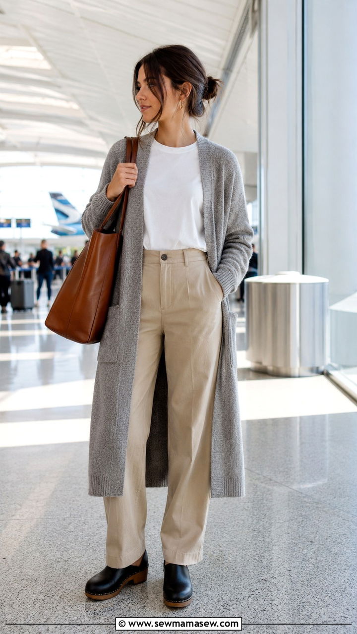 White tee chinos long cardigan airport outfit - 30 LAX airport outfit ideas