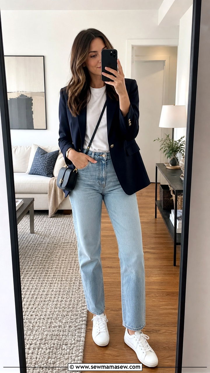 White tee with blue jeans and blazer outfit New York - 40 What to wear in New York