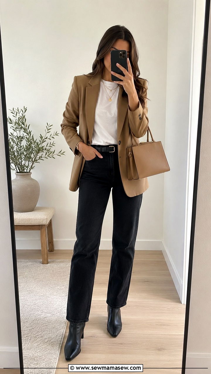 White tee with camel blazer and black jeans - 30 business casual outfits inspo