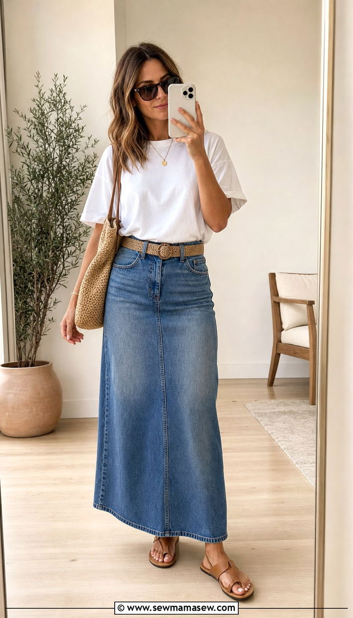 White tee with denim maxi skirt outfit - 35 Casual chic spring outfit ideas 2026