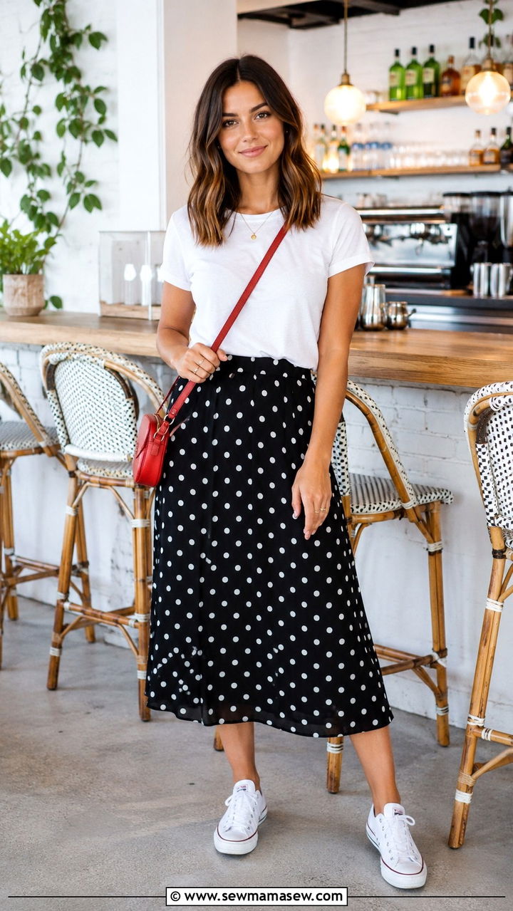 White tee with polka dot midi skirt and sneakers - 30 Midi skirt outfit ideas with sneakers