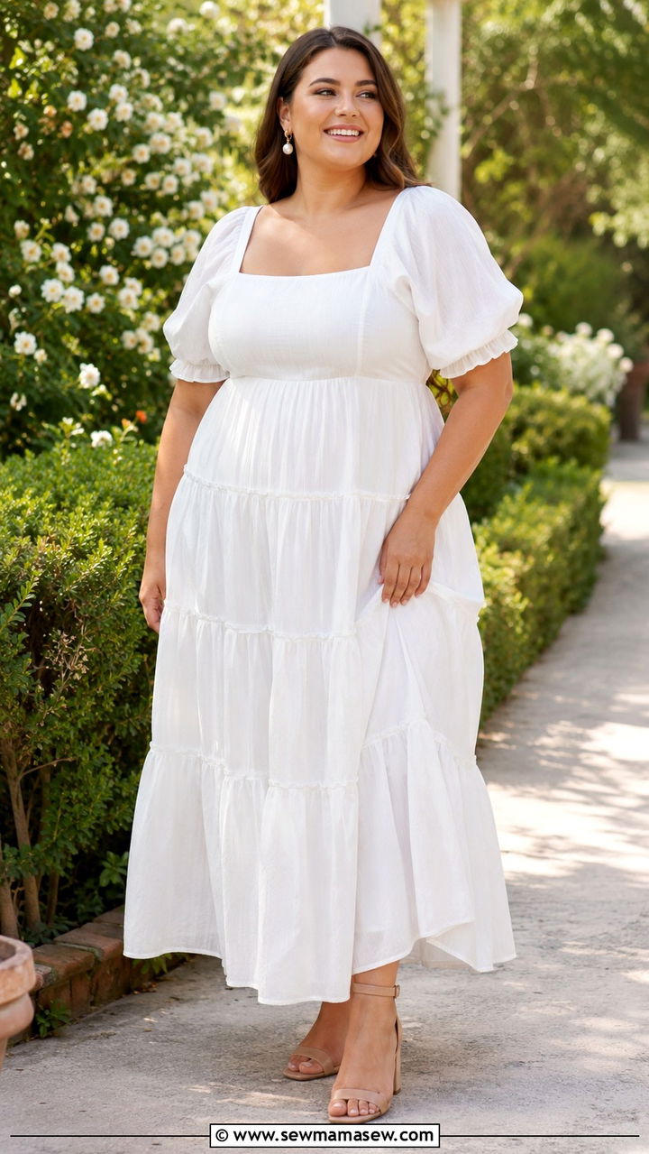 White tiered maxi dress for plus size bridal shower - 30 plus size bridal shower outfit ideas