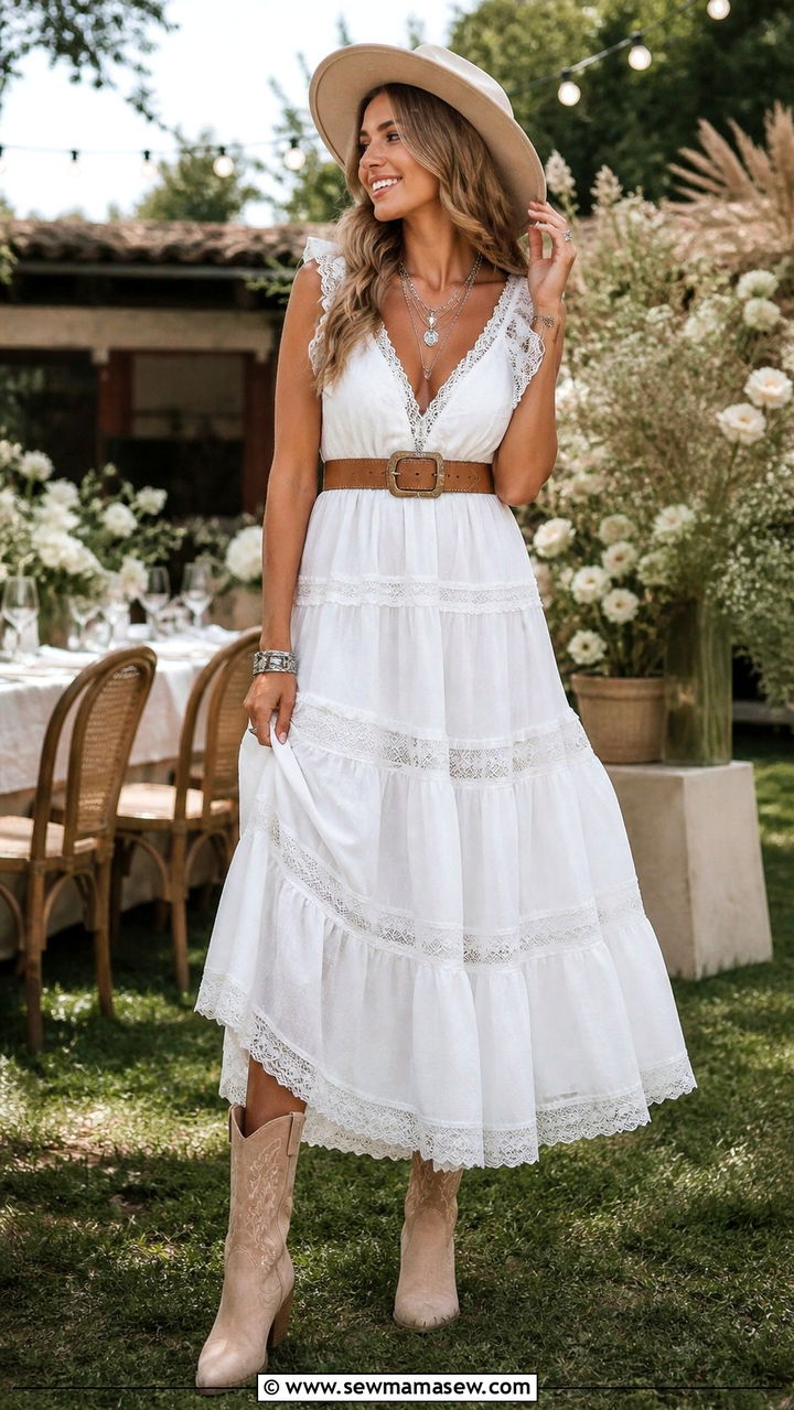 White tiered maxi dress with beige cowgirl boots and belt - 40 Western summer outfits