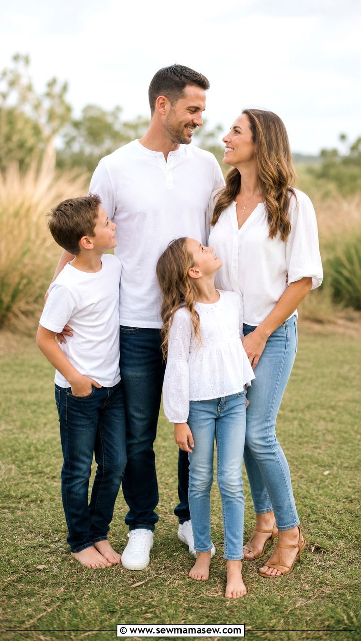 White tops and blue jeans family photo outfits - 40 Family photo outfit ideas