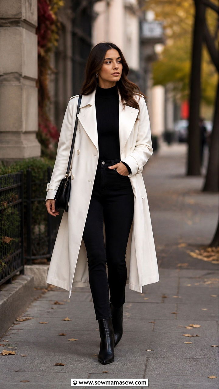 White trench coat and all black base outfit - 40 Black and white outfit ideas