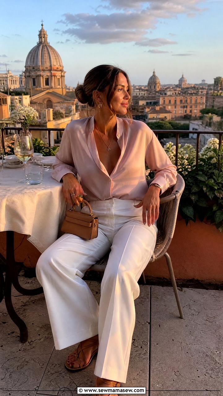 White trousers and silk blouse with strappy sandals - 35 Italy spring outfit ideas