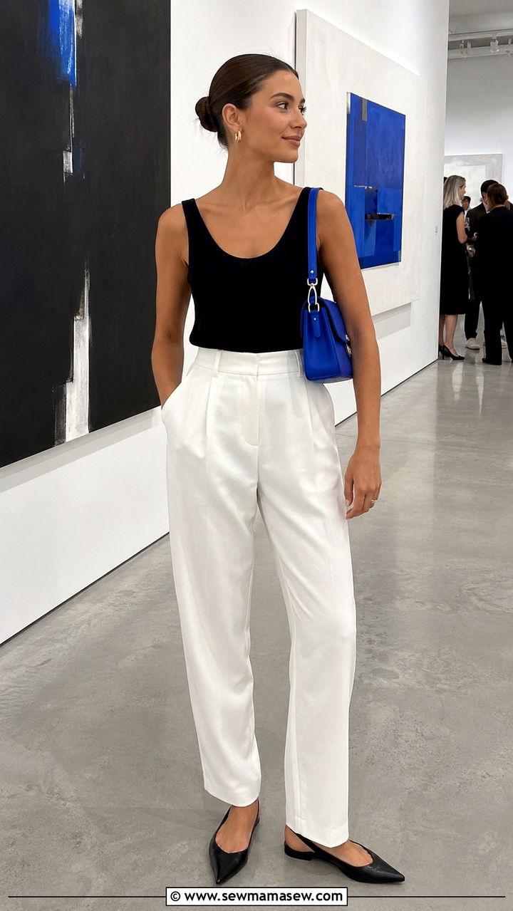 White trousers outfit with electric blue bag - 20 spring outfits with color pop bag