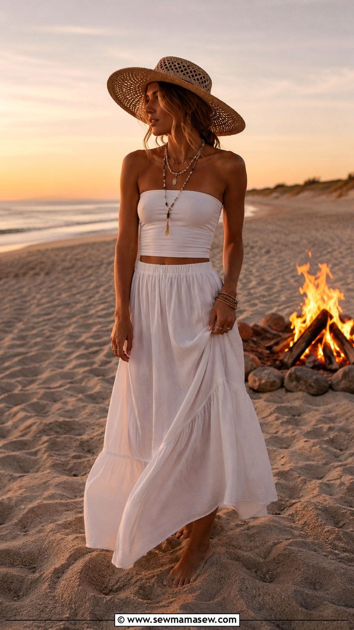 White tube top with flowy maxi skirt outfit - 30 Nantucket outfit ideas