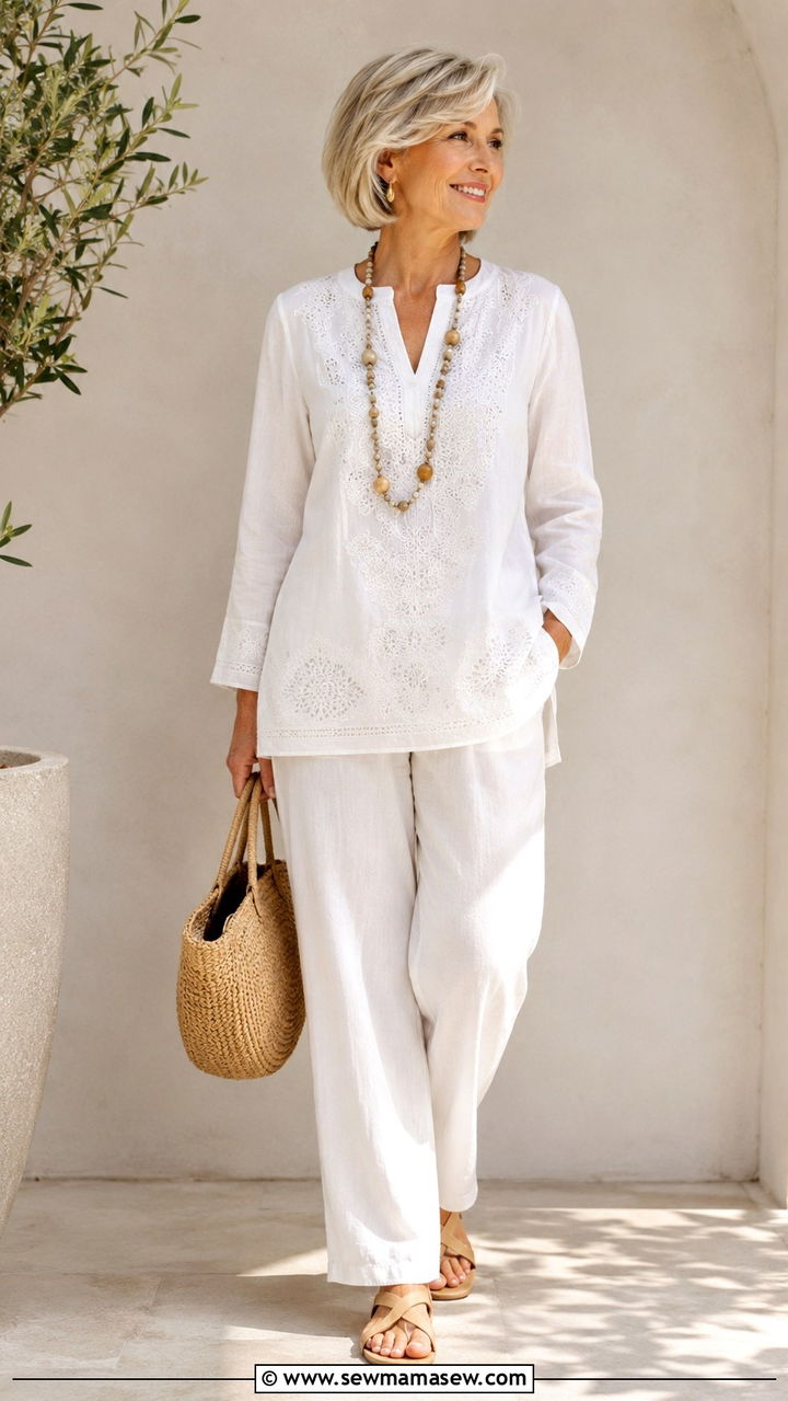 White tunic top with embroidered details - 30 Boho outfits for women over 50