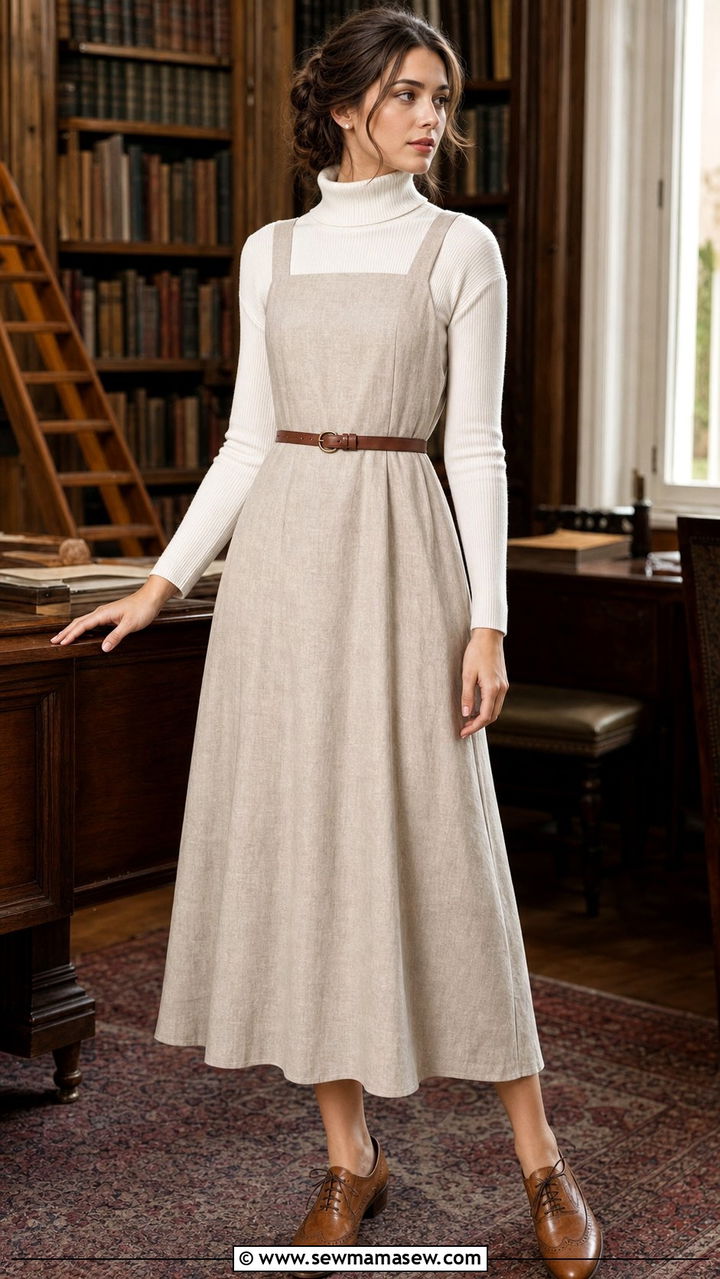 White turtleneck and linen pinafore dress with brogues outfit - 25 spring light academia outfits