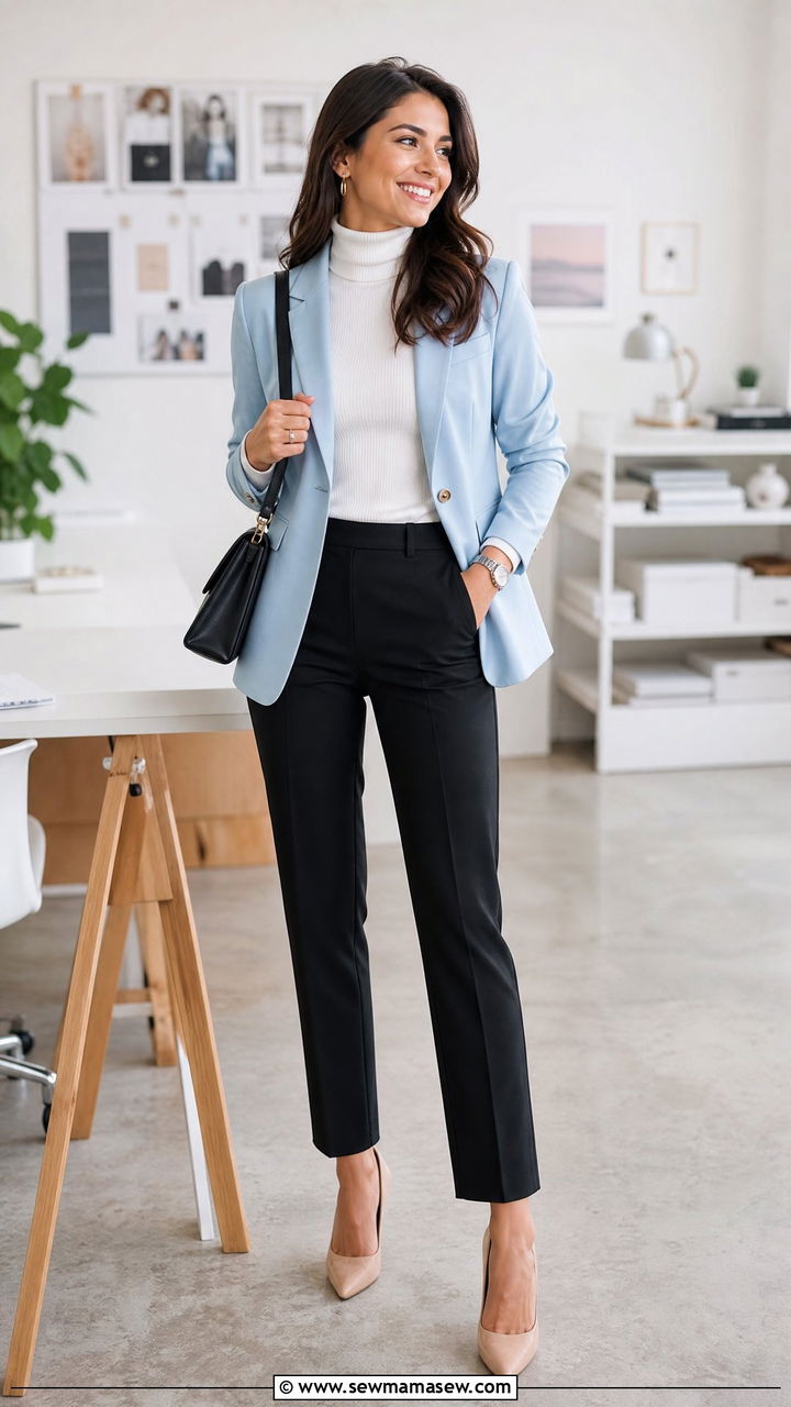 White turtleneck light blue blazer look - 25 Business casual outfits with turtleneck
