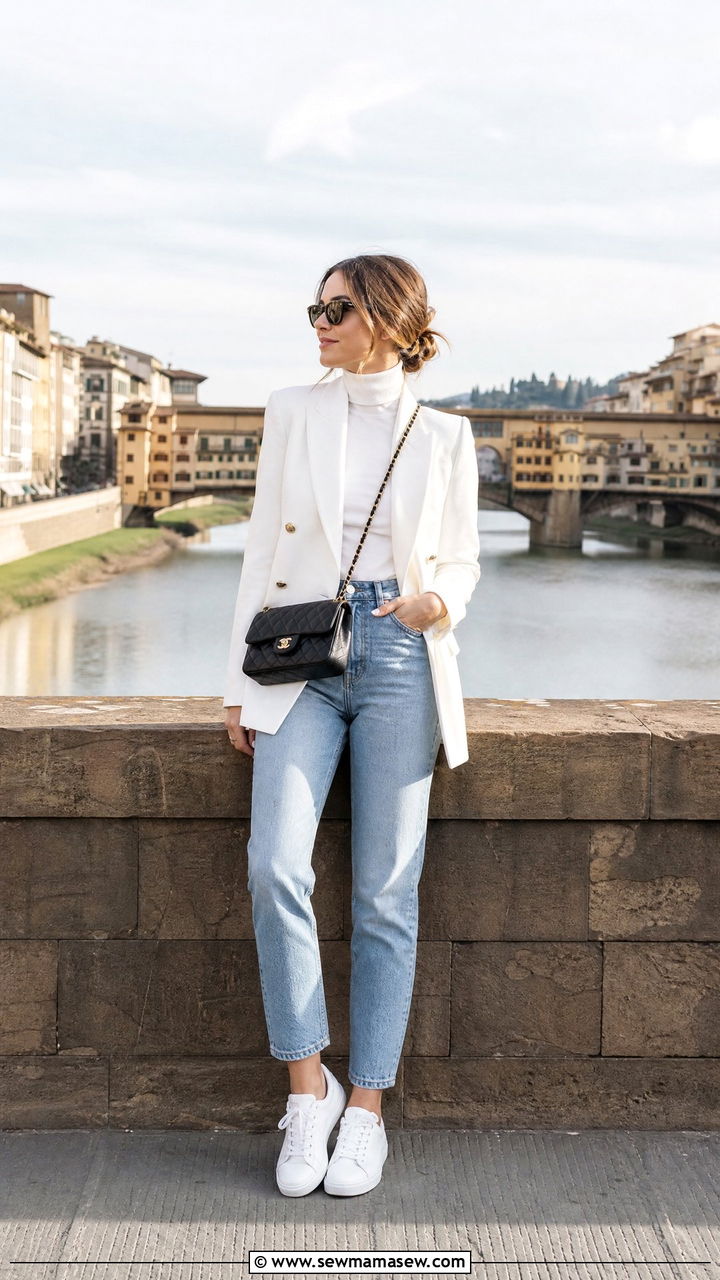White turtleneck with high waisted jeans and white blazer Florence - 25 Florence outfit ideas