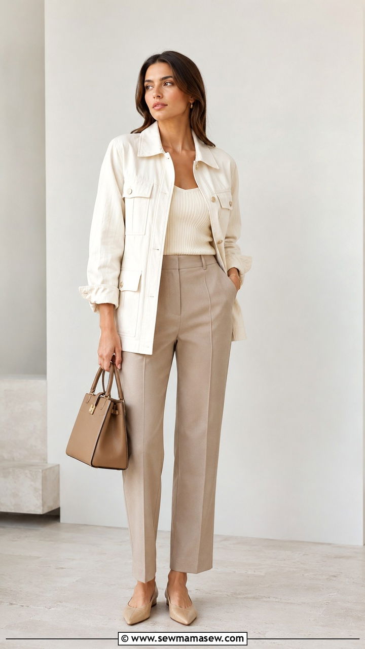 White utility jacket with cream knit and beige trousers - 30 spring utility jacket outfit ideas
