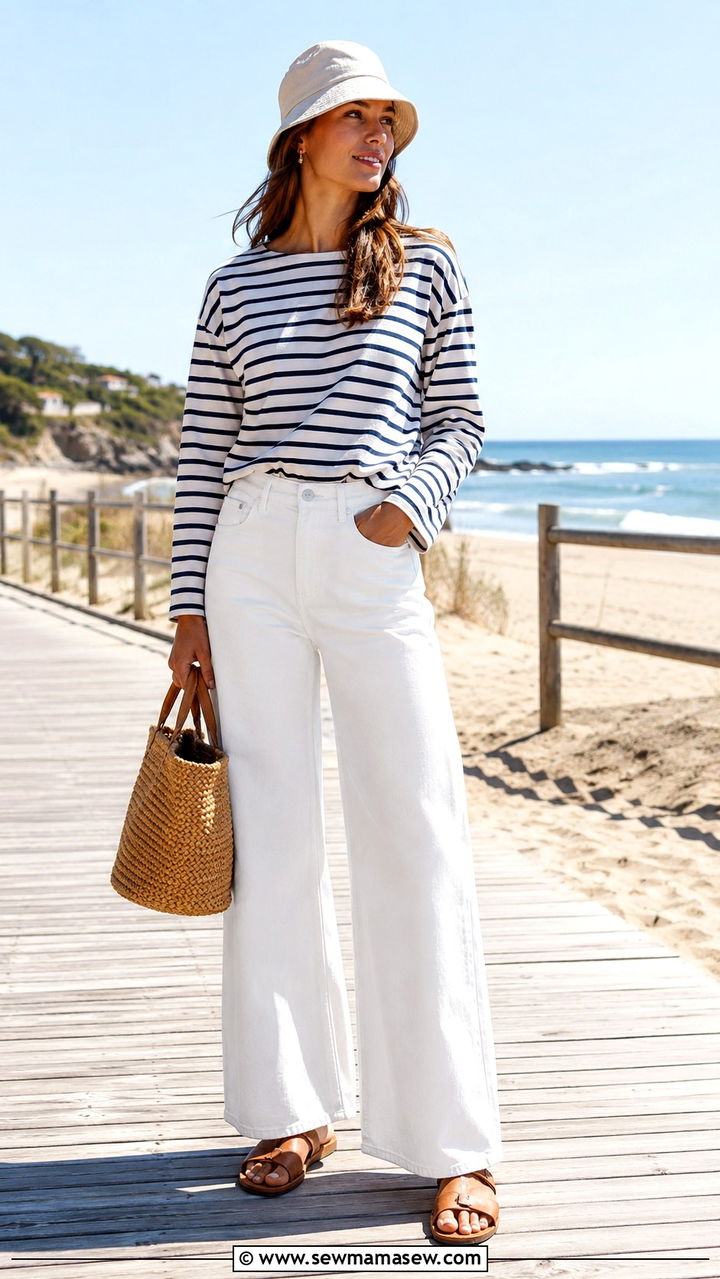 White wide leg jeans with striped shirt and sandals - 30 Tall women jeans outfit ideas