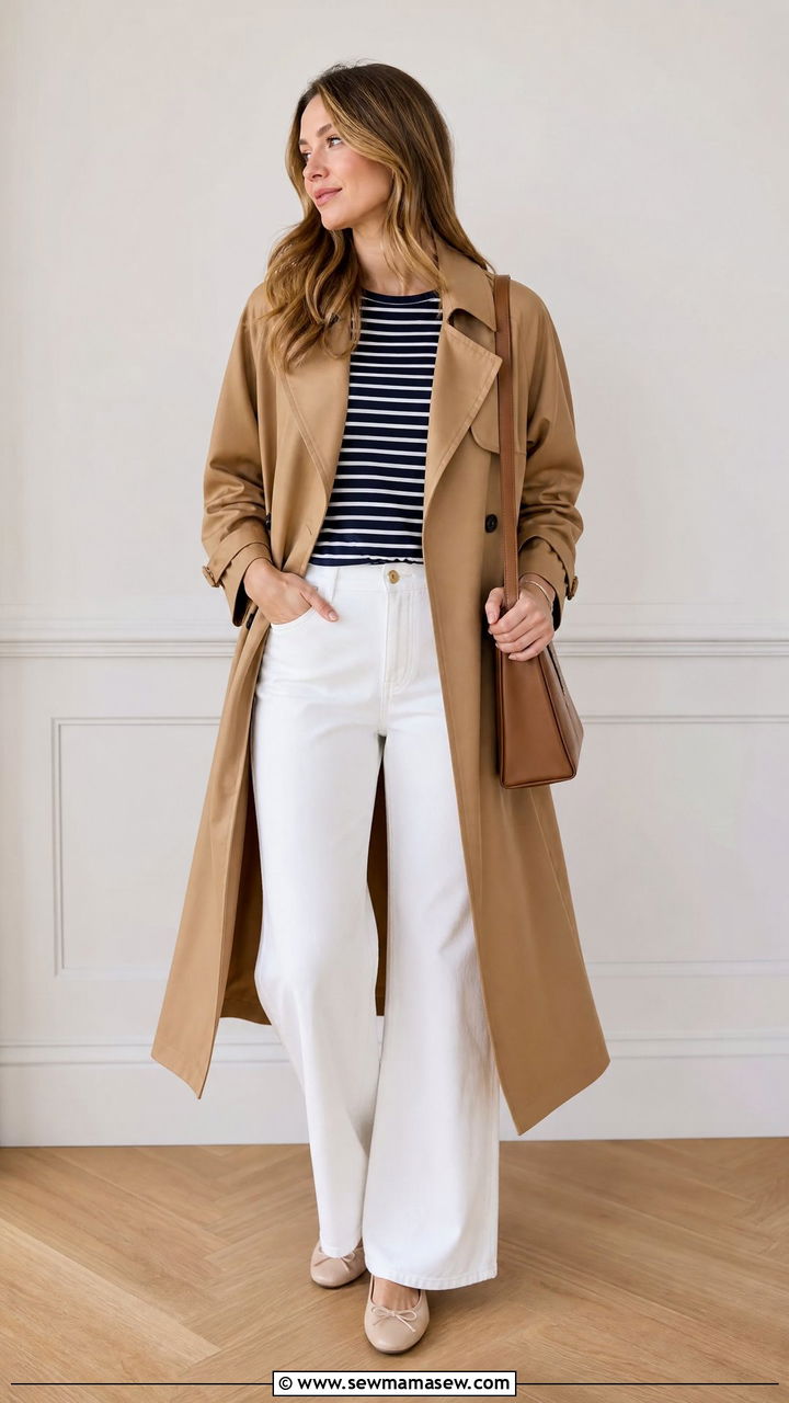 White wide leg jeans with trench coat - 20 Wide leg jeans outfit ideas with a trench coat
