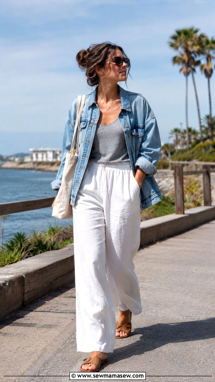 White wide leg linen pants with denim jacket - 30 spring wide leg pants outfit ideas