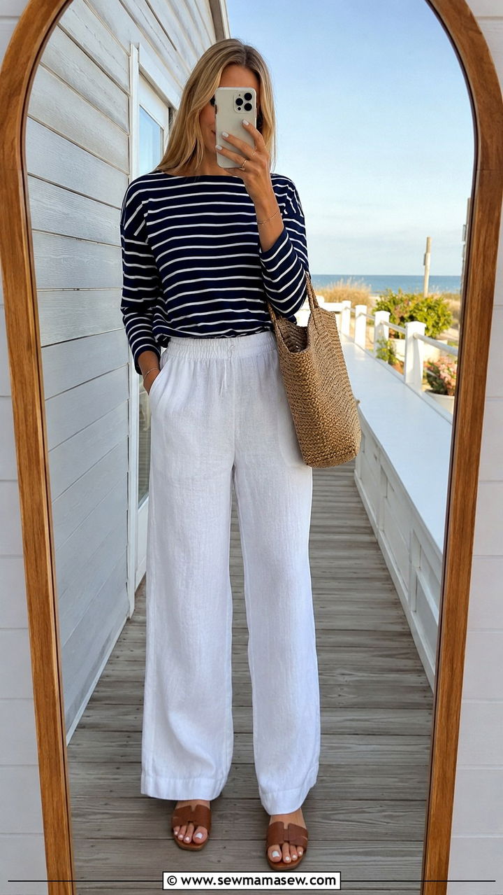 White wide leg pants and a striped boatneck top - 30 Tall women spring outfit ideas