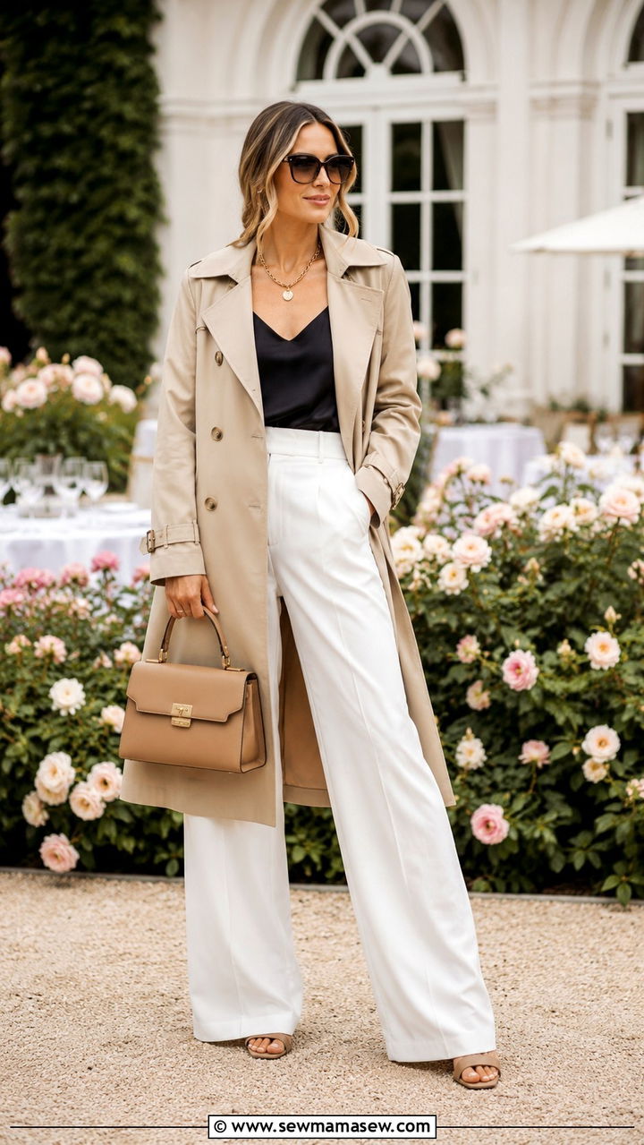 White wide leg pants with beige trench coat - 25 Wide leg pants outfit ideas with a trench coat