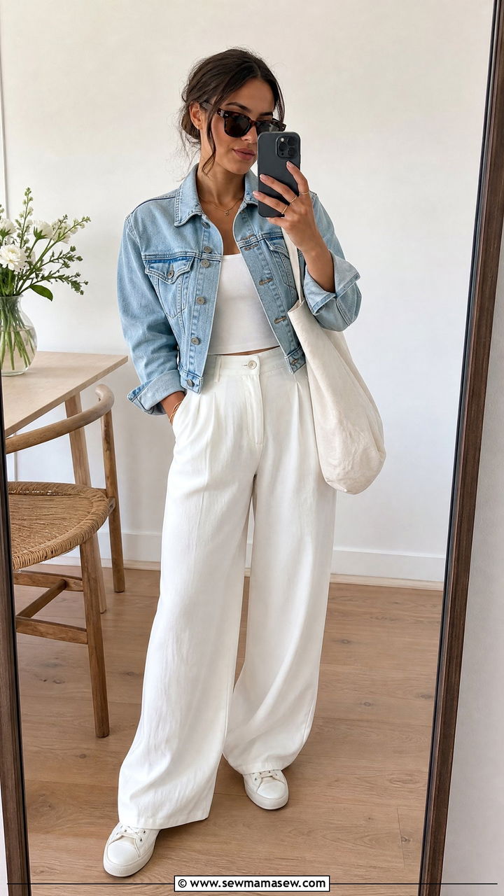 White wide leg pants with denim jacket brunch outfit - 25 Brunch outfit ideas with wide leg pants