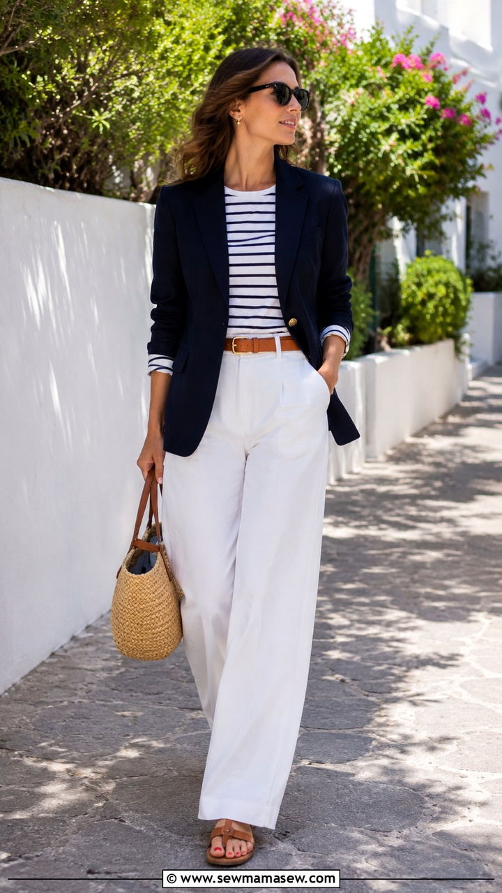 White wide leg trousers with a navy blazer - 25 Wide leg trousers outfit ideas with a blazer