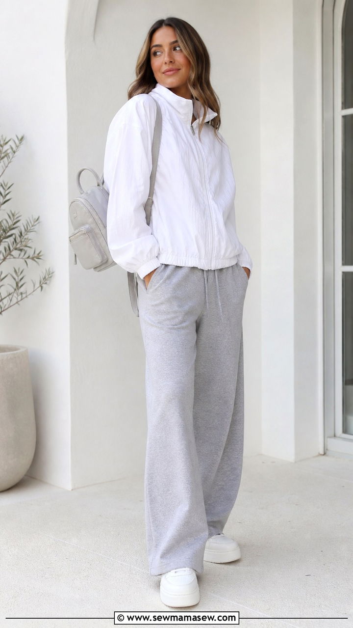 White windbreaker and gray wide leg joggers outfit - 40 windbreaker outfits