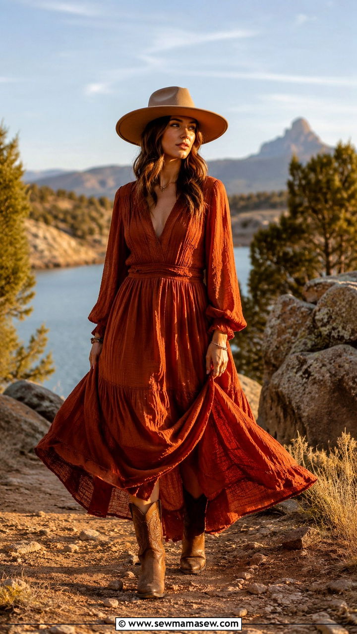 Wide Brim Hat With a Flowy Maxi Dress and Boots - 20 Punchy outfit ideas western