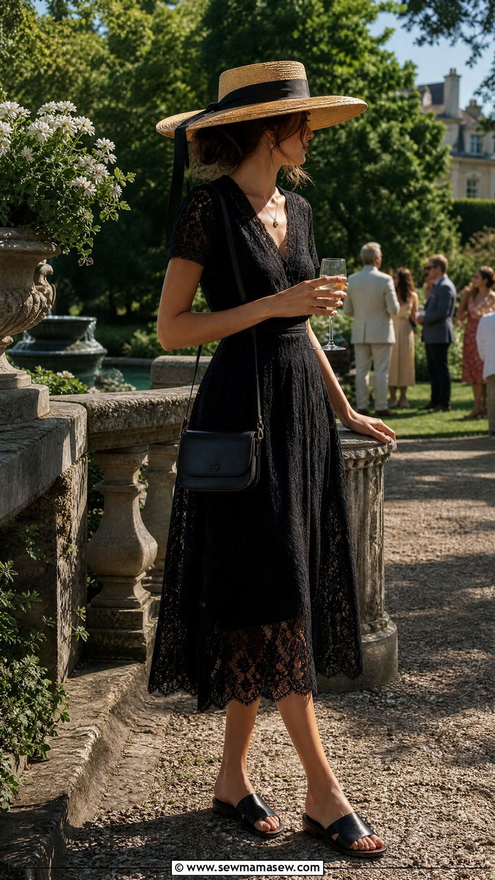Wide Brim Straw Hat with Black Lace Summer Dress - 30 summer dark academia outfits