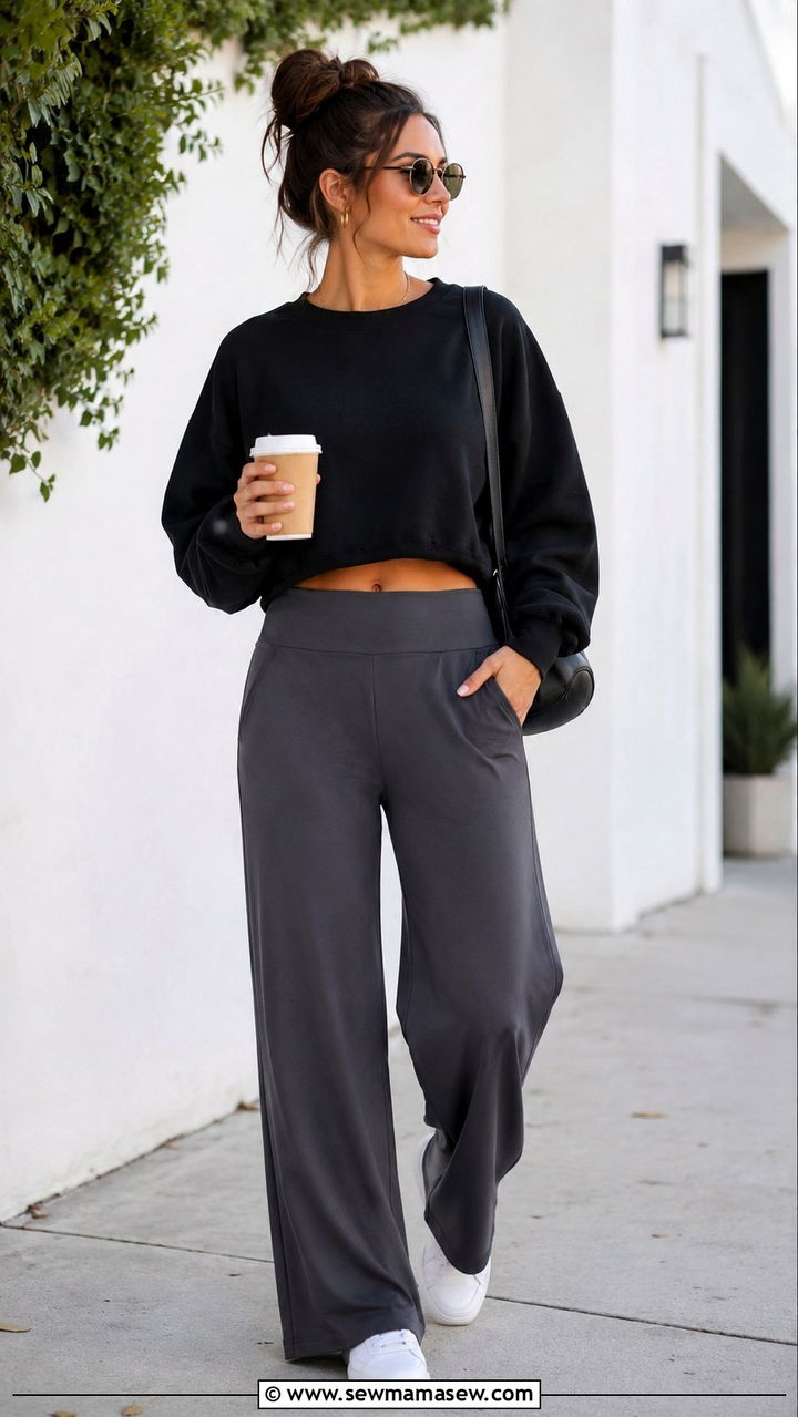 Wide Leg Athletic Pants and Cropped Sweatshirt - 25 athleisure capsule wardrobe outfits