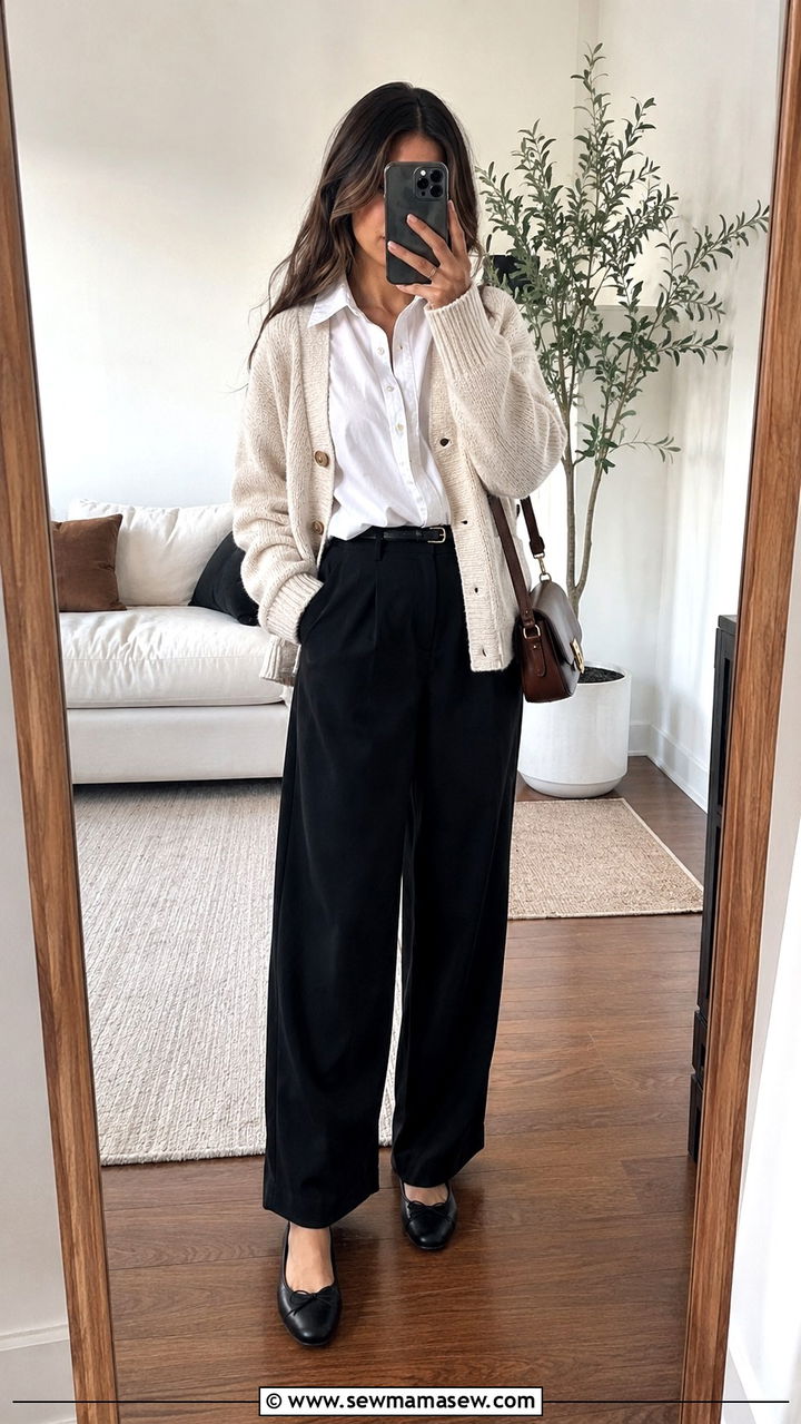 Wide Leg Black Pants with Button Down and Cardigan - 25 Wide leg black pants outfit ideas with a button down