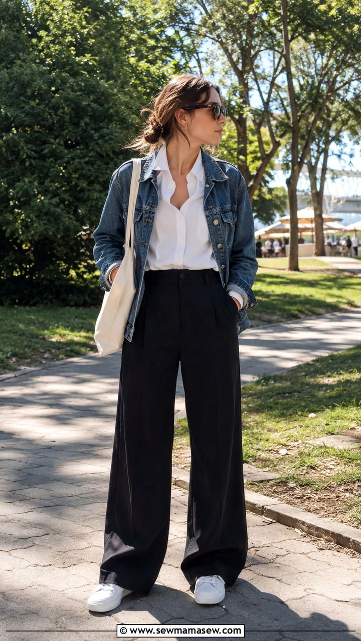 Wide Leg Black Pants with Button Down and Denim Jacket - 25 Wide leg black pants outfit ideas with a button down