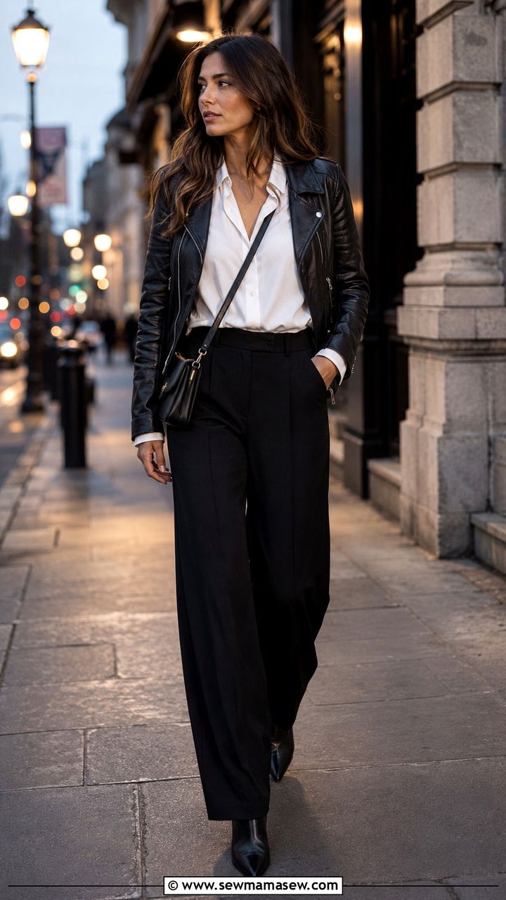 Wide Leg Black Pants with Button Down and Leather Jacket - 25 Wide leg black pants outfit ideas with a button down