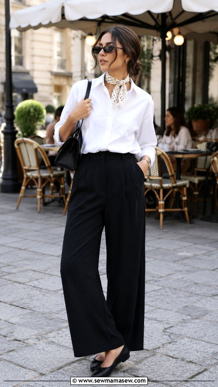Wide Leg Black Pants with Button Down and Neck Scarf - 25 Wide leg black pants outfit ideas with a button down