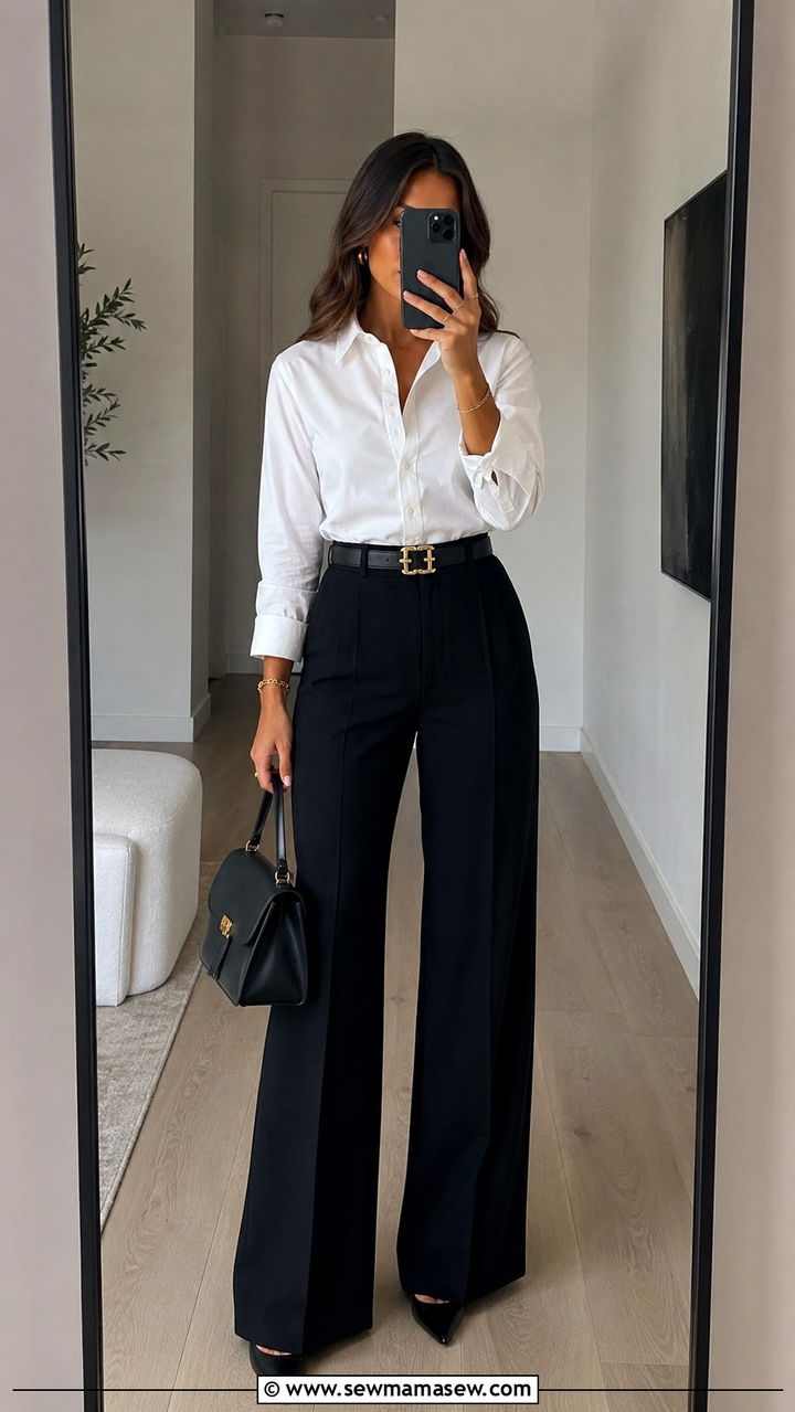 Wide Leg Black Pants with Button Down and Statement Belt - 25 Wide leg black pants outfit ideas with a button down