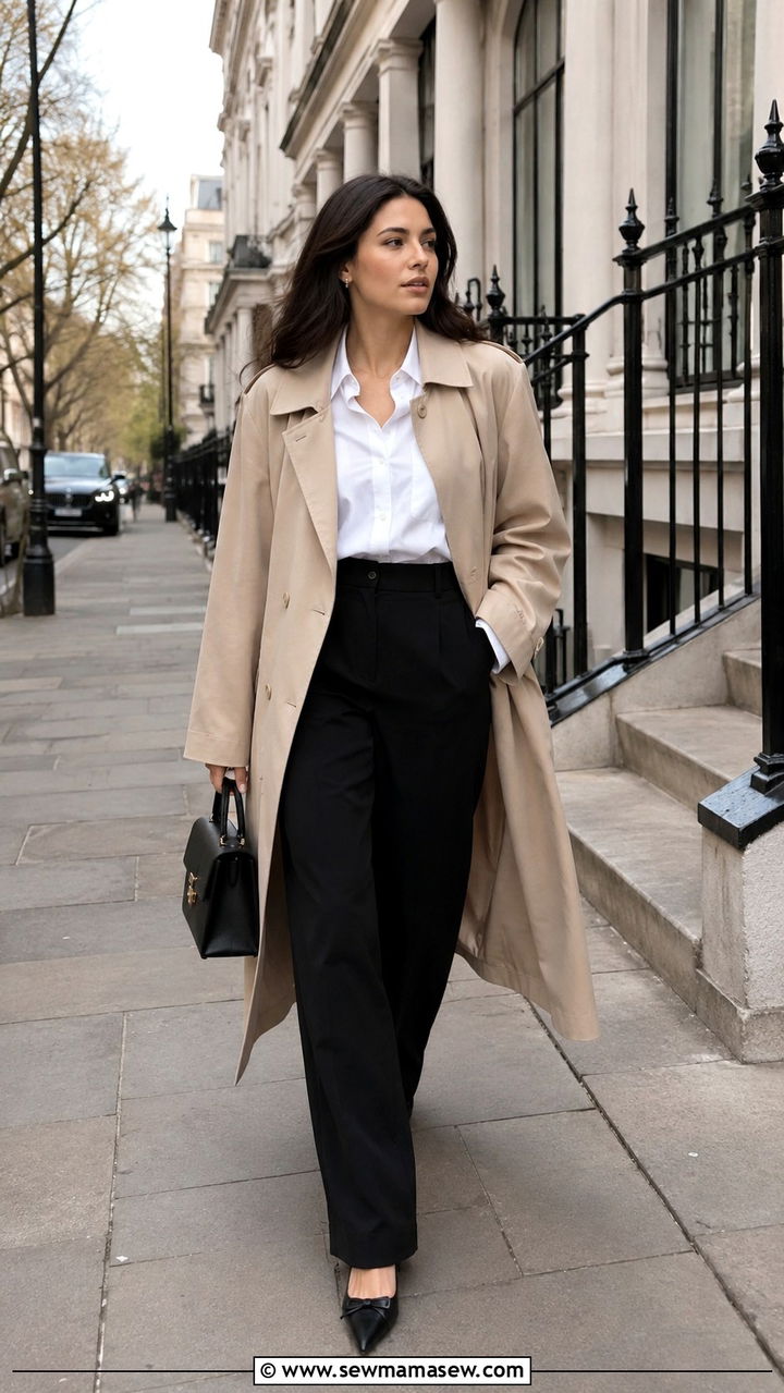 Wide Leg Black Pants with Button Down and Trench Coat - 25 Wide leg black pants outfit ideas with a button down