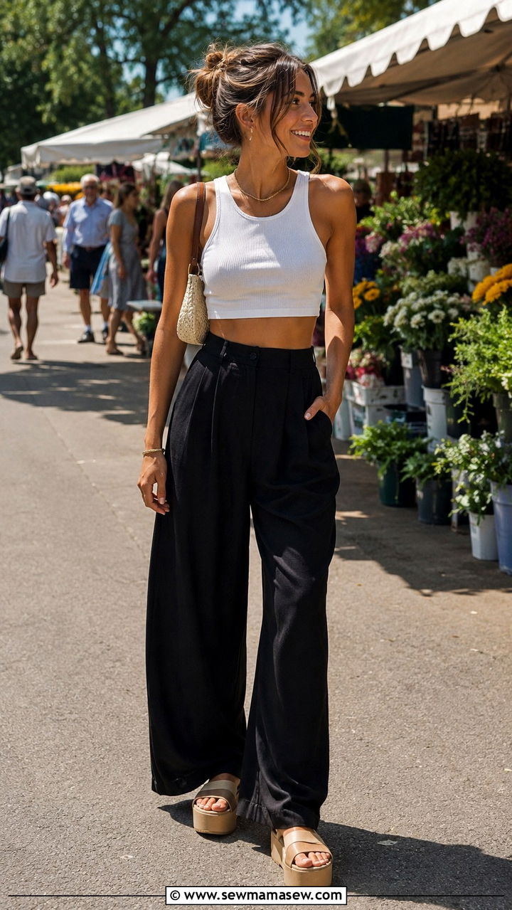 Wide Leg Black Pants with Cropped Tank and Platform Sandals - 25 Wide leg black pants outfit ideas with a tank top