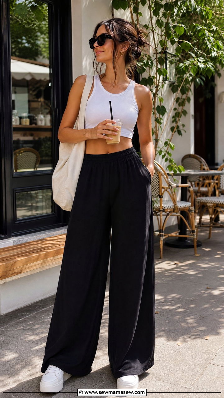 Wide Leg Black Pants with Cropped White Tank and Sneakers - 25 Wide leg black pants outfit ideas with a tank top