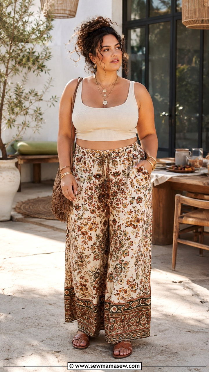 Wide Leg Boho Pants with Crop Top and Layered Necklaces - 30 plus size brunch outfit ideas