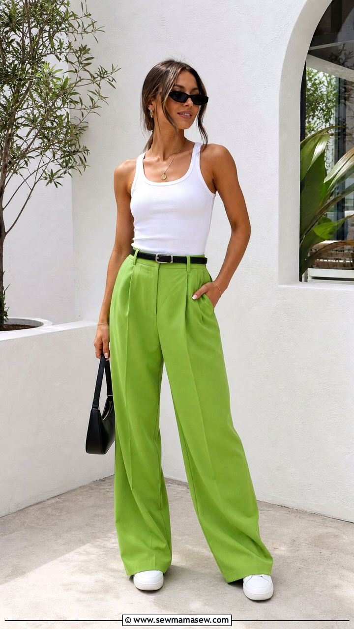 Wide Leg Brat Green Trousers With Fitted White Tank - 25 Brat summer outfit ideas