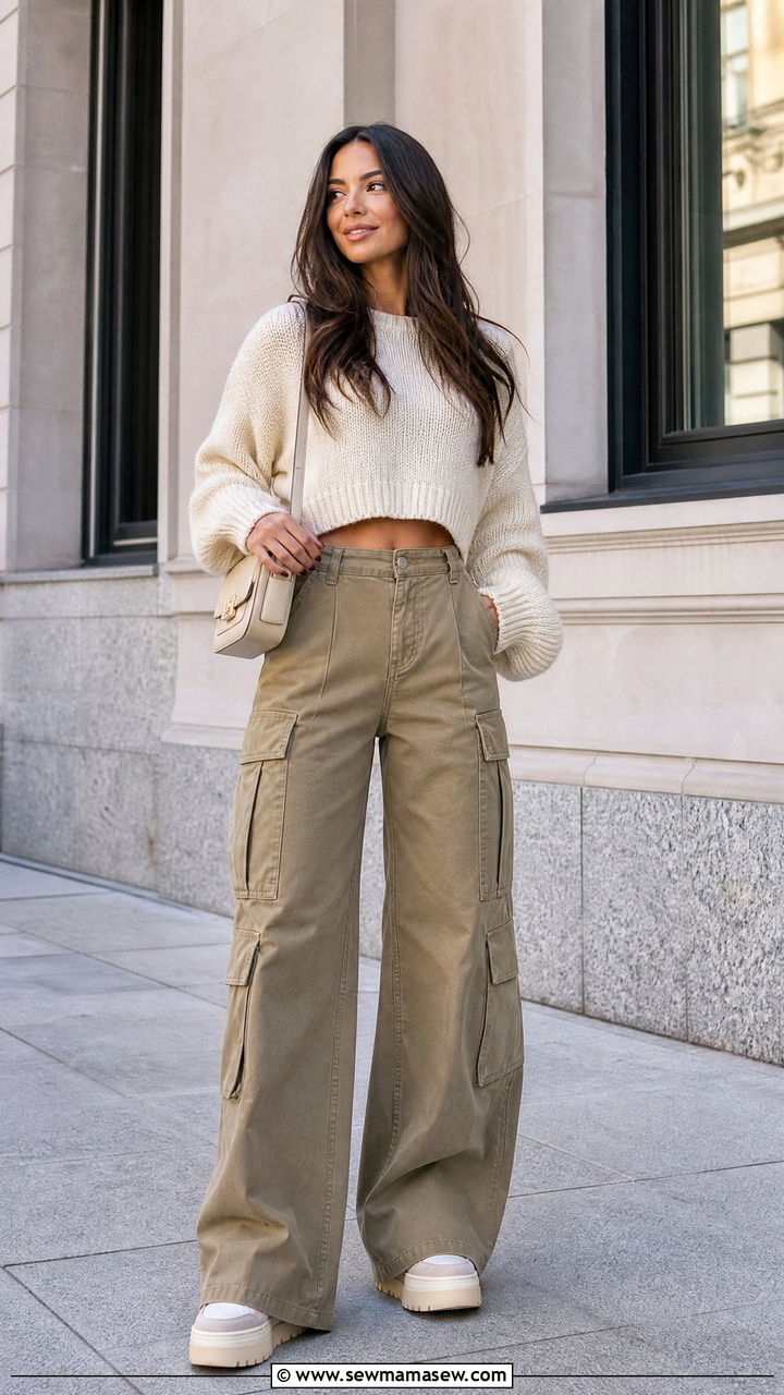 Wide Leg Cargo Pants With A Cropped Sweater - 25 classy cargo pants outfits