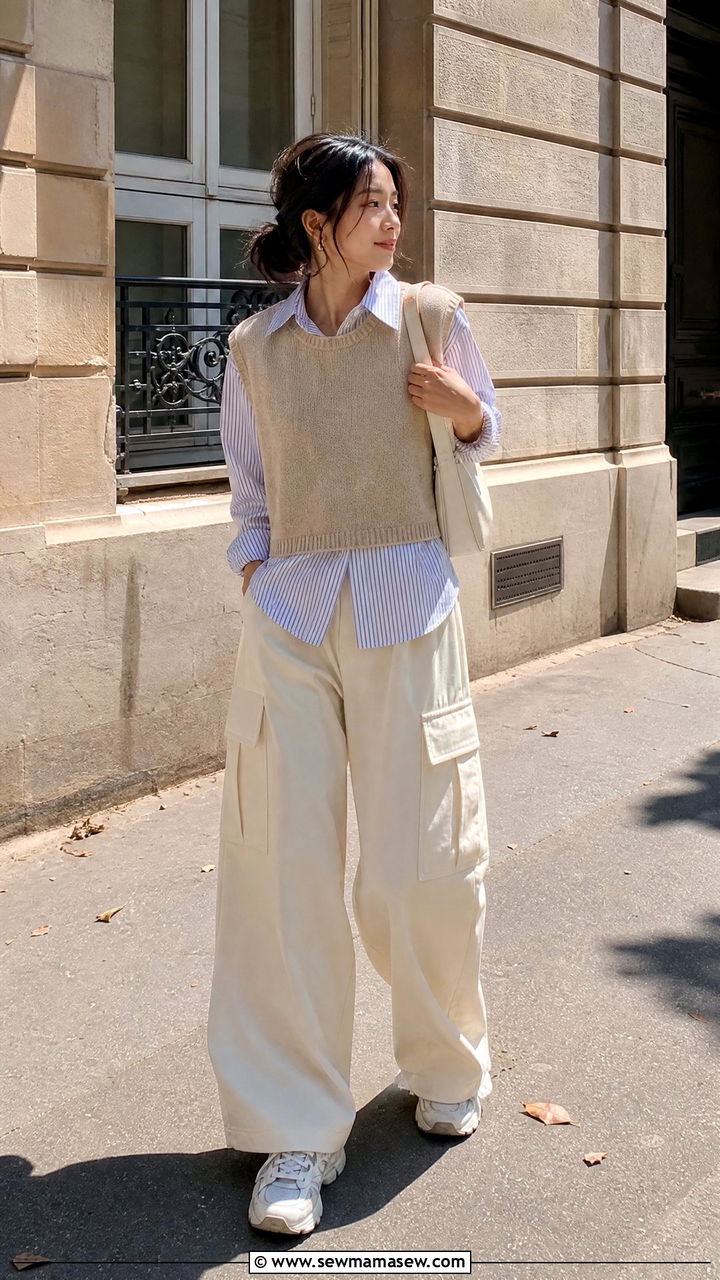 Wide Leg Cargo Pants With Cropped Sweater Vest And Dad Sneakers - 25 Cargo pants outfit ideas petite