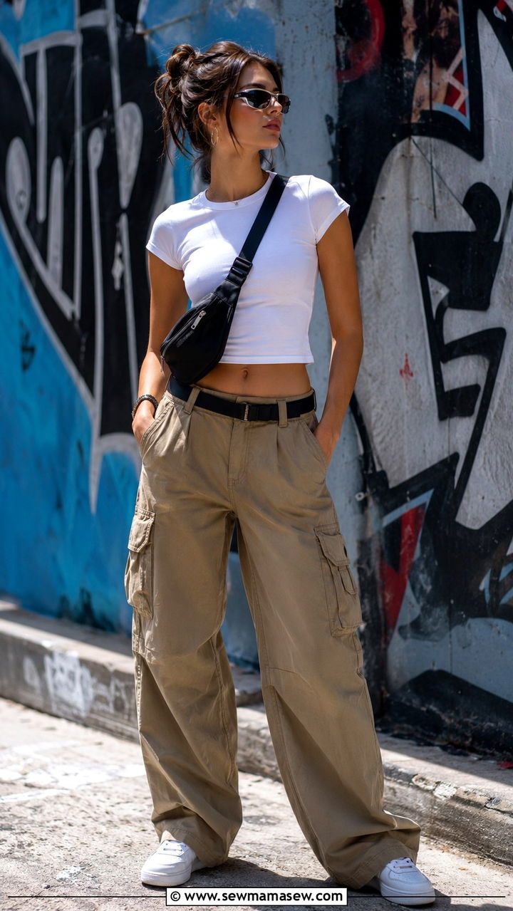 Wide Leg Cargo Pants With Fitted Baby Tee - 30 Spring city outfits