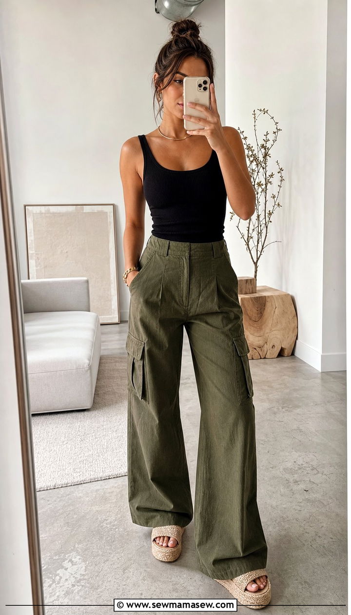 Wide Leg Cargo Pants With Fitted Tank and Platform Sandals - 25 Elevated spring outfit ideas 2026