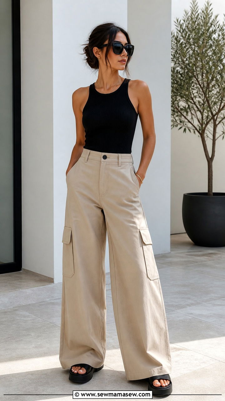 Wide Leg Cargo Pants With Fitted Tank and Platform Sandals - 40 cargo pants outfits