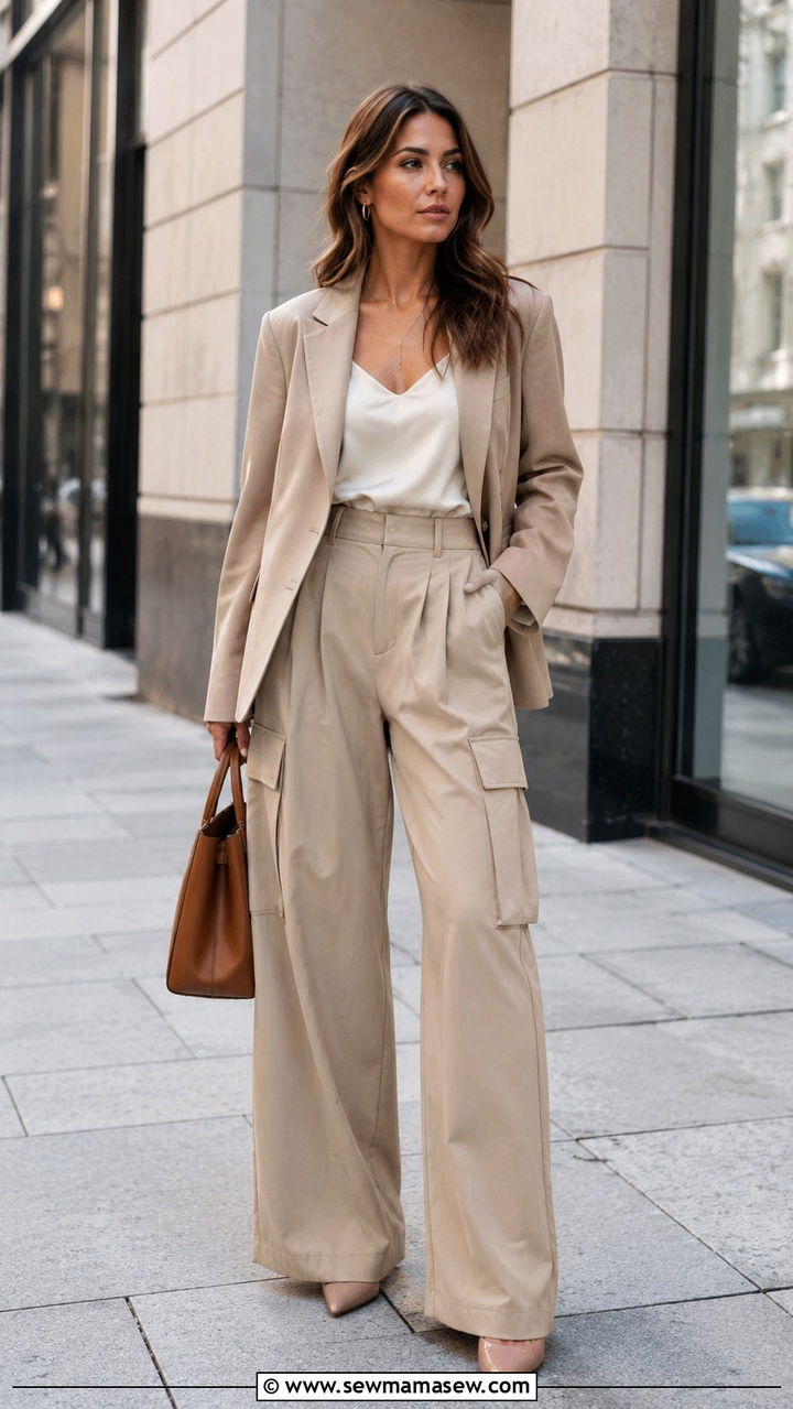Wide Leg Cargo Pants With Tailored Blazer And Pointed Toe Heels - 20 cargo pants outfits 2026
