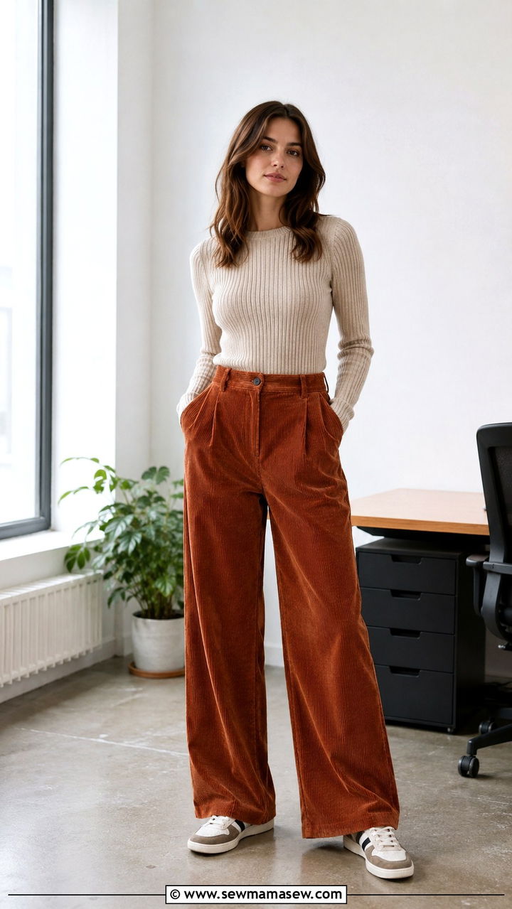 Wide Leg Corduroy Pants With Fitted Sweater Outfit - 30 Indie outfit ideas