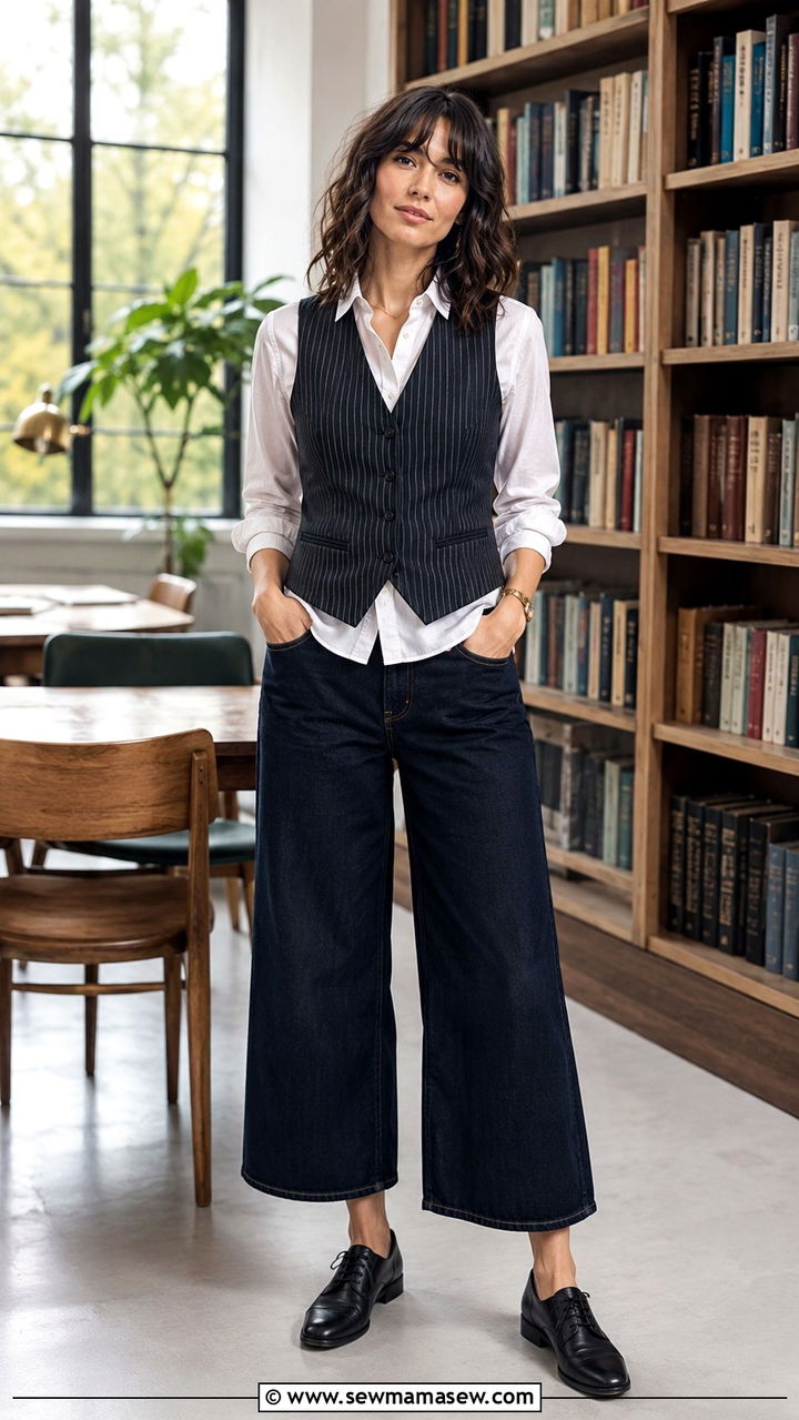 Wide Leg Cropped Jeans With Pinstripe Vest And Oxfords - 30 Teacher outfits with jeans
