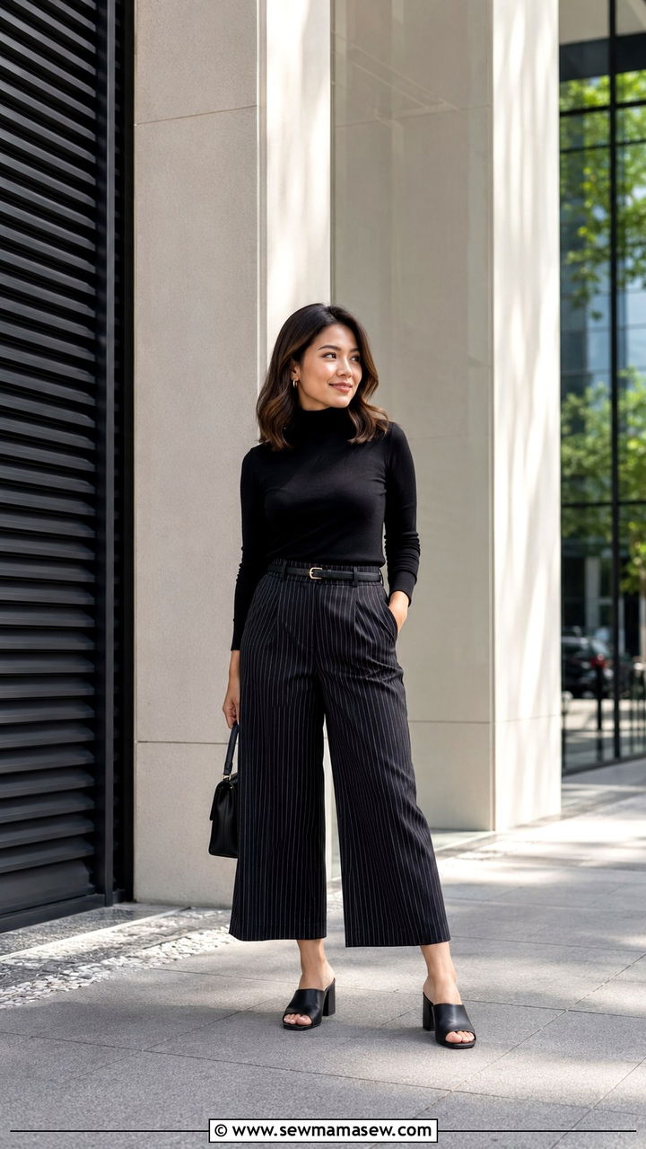Wide Leg Cropped Trousers With a Fitted Turtleneck and Block Heels - 20 Petite outfit ideas 5'4