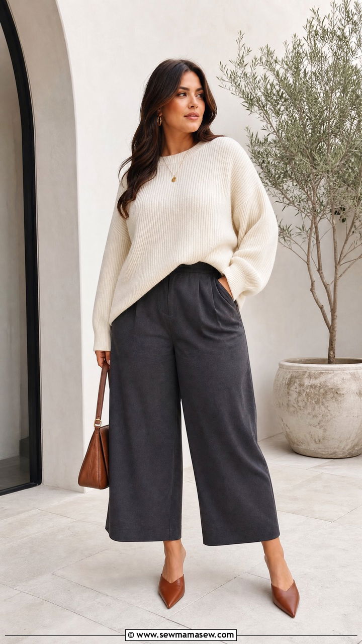 Wide Leg Culottes Outfit with a Slouchy Sweater and Pointed Mules - 25 Flattering outfits for big thighs